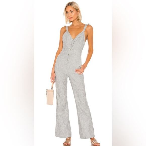 Lovers + Friends Kat Linen Blend Jumpsuit Ruffle Strap  Chambray Gray Medium M - Picture 1 of 9